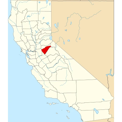 Map of California highlighting Calaveras County