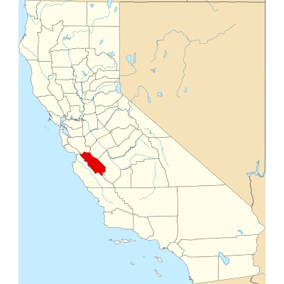 Map of California highlighting San Benito County