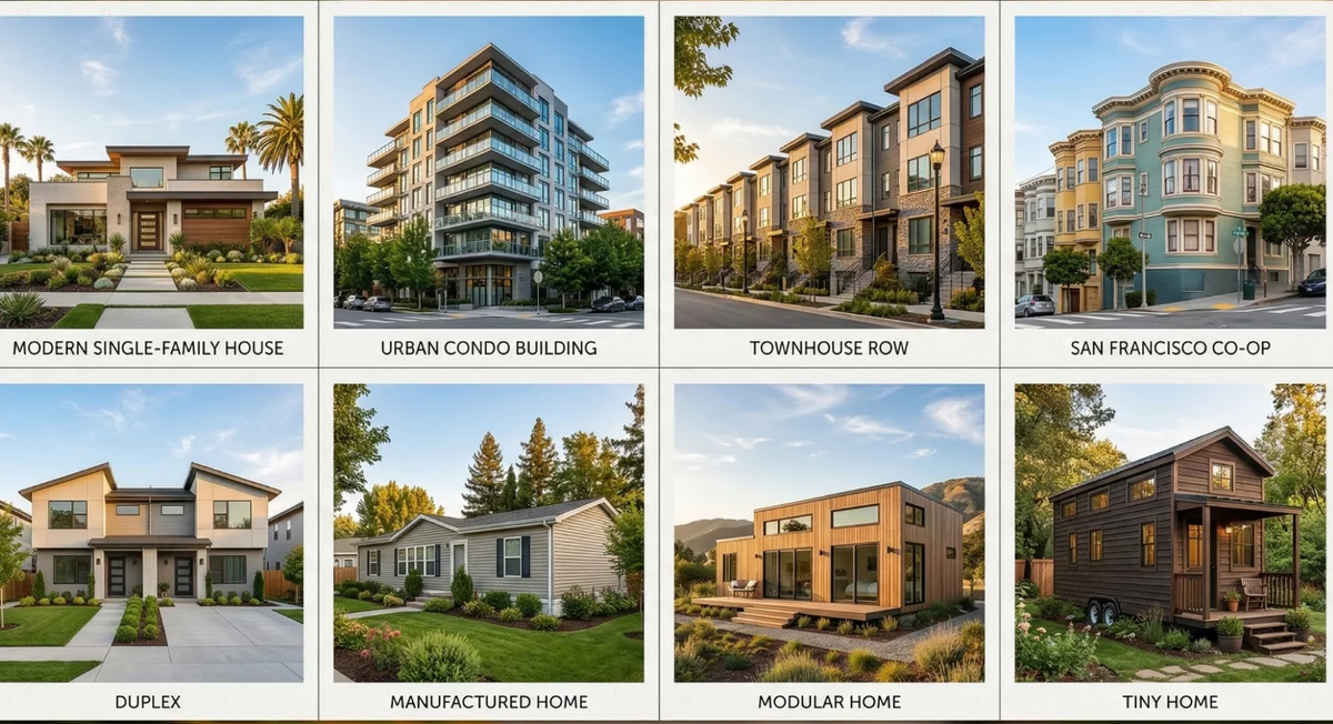 Eight California home types side by side including a modern single-family house, urban condo, townhouse row, San Francisco co-op, duplex, manufactured home, modular home, and tiny home, illustrating the range of property types and financing options for California homebuyers