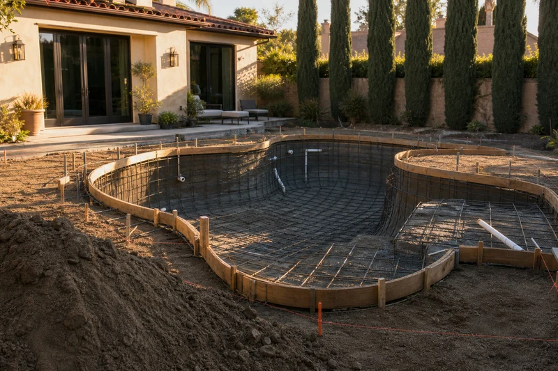 A backyard pool build is one project a California HELOC funds in full at opening backyard swimming pool under construction behind a California home, a common use of home equity