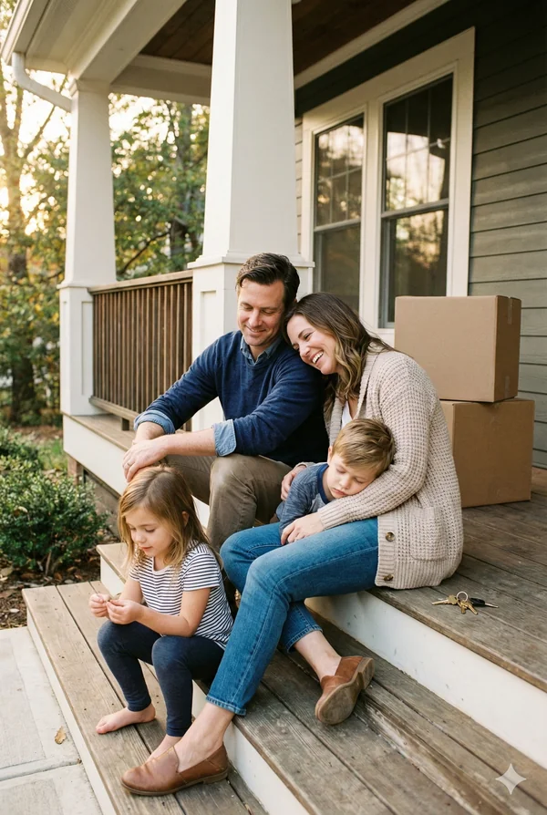 Happy California family sitting on front porch of newly purchased home with mortgage from A Good Lender